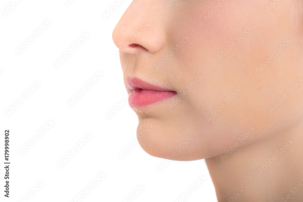 Obraz premium Closeup Shot of Woman lip on white background. Woman with Beauty Concept, Isolated on White Background.