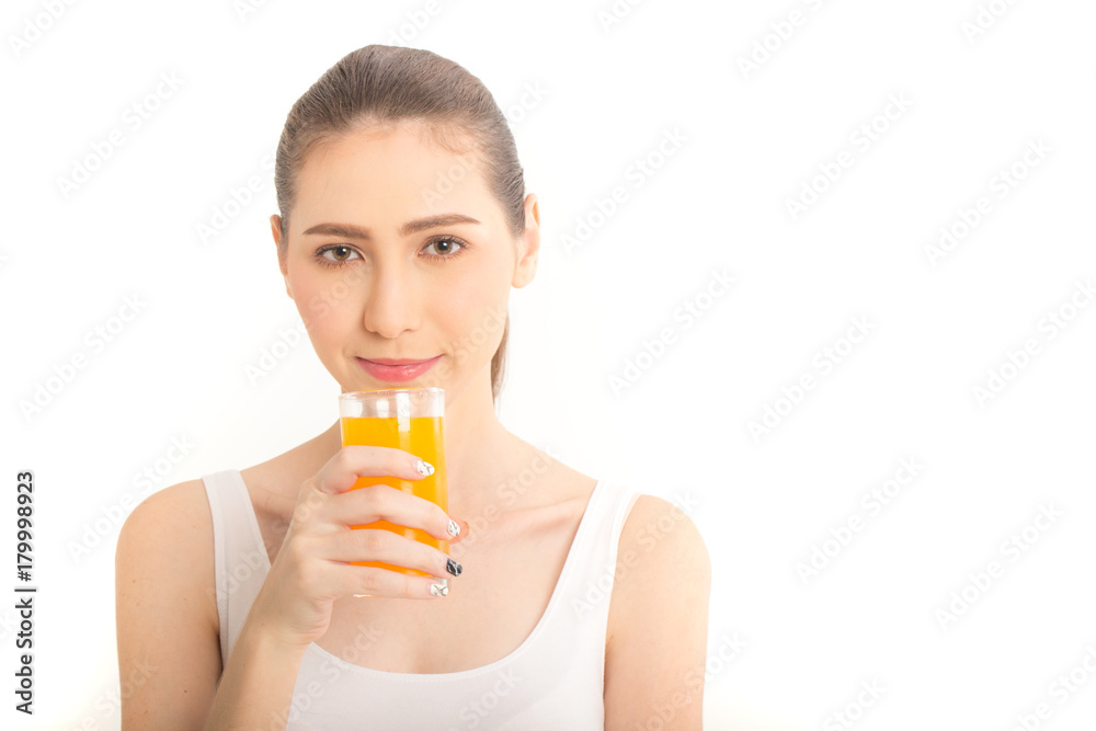 Portrait of smiling Beautiful woman with prange juice. isolated on white background. Woman Healthy Concept. Portrait of smiling Beautiful woman with prange juice. isolated on white background. Woman Healthy Concept.