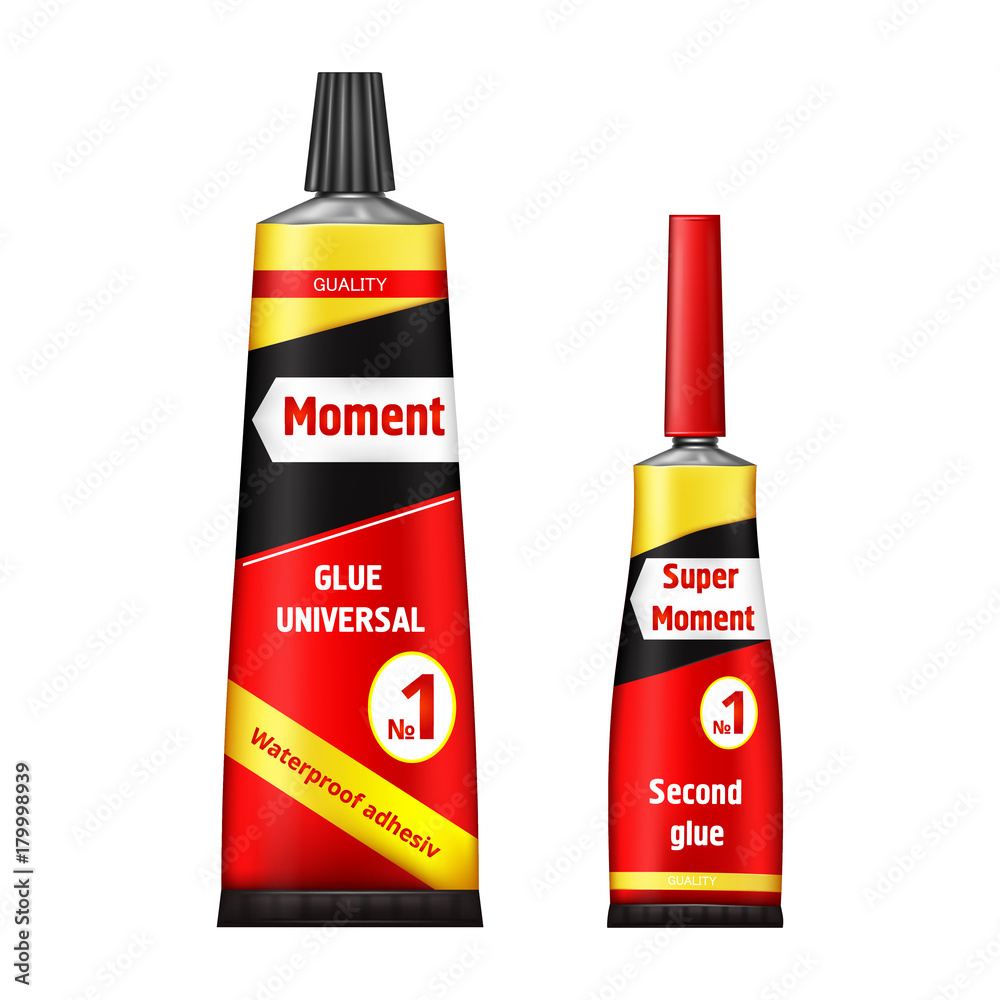 Set of realistic vector illustrations of two red and black super glue  moment alluminium tubes isolated on white background. Package design  template with brand information. Stock Vector