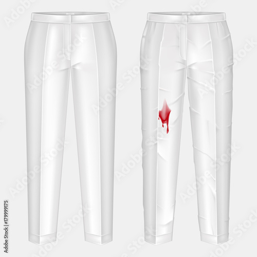 Pare of dirty, rubbed with blood blotch and ironed, shiny clean white womens pants realistic isolated vector. Clothing before after washing, stain removal concept for landry, dry-cleaning advertising