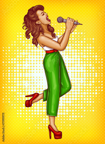 Expressive singing woman with microphone in hands pop art vector illustration with copyspace. Karaoke signer, musical band vocalist, pop star pin up poster for party, concert or musical event ad