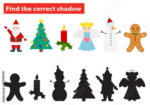 Find the correct shadow, education Christmas game for children. Funny cartoon characters.