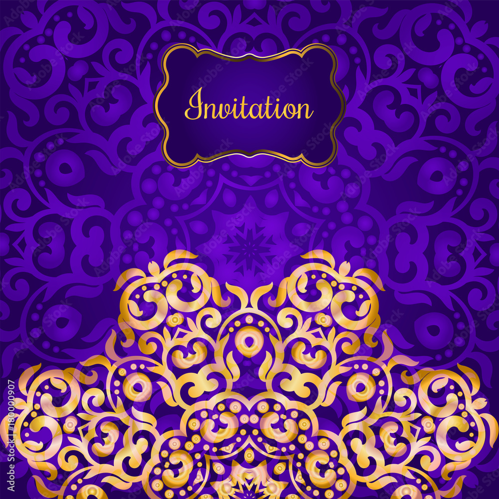 Rich gold invitation card in the Indian style. Bohemian Cards with mandalas. Royal purple and gold ornament. Unique template for design or backdrop Rich gold invitation card in the Indian style. Bohemian Cards with mandalas. Royal purple and gold ornament. Unique template for design or backdrop