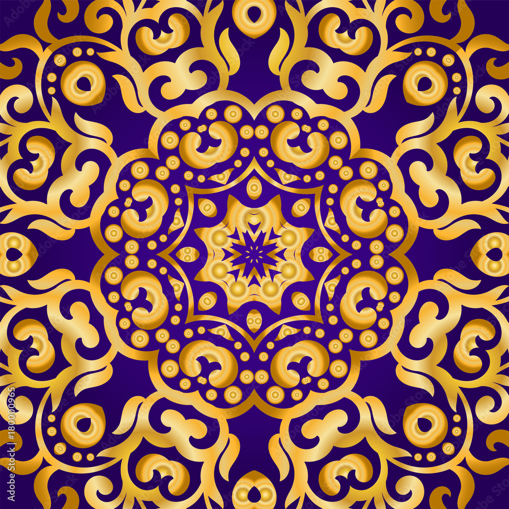 Rich gold ornament in the Indian style. Bohemian Cards with mandalas. Royal purple and gold ornament. Unique template for design or backdrop