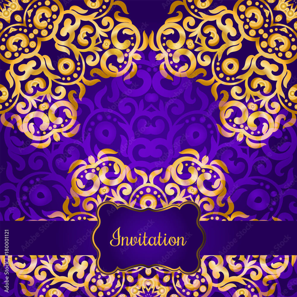 Rich gold invitation card in the Indian style. Bohemian Cards with mandalas. Royal purple and gold ornament. Unique template for design or backdrop Rich gold invitation card in the Indian style. Bohemian Cards with mandalas. Royal purple and gold ornament. Unique template for design or backdrop