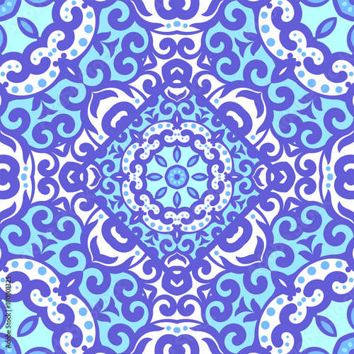 Vector seamless pattern with bright blue ornament. Tile in Eastern style. Ornamental lace tracery. Ornate swirl geometrical decor for wallpaper. Traditional arabic mosaic design