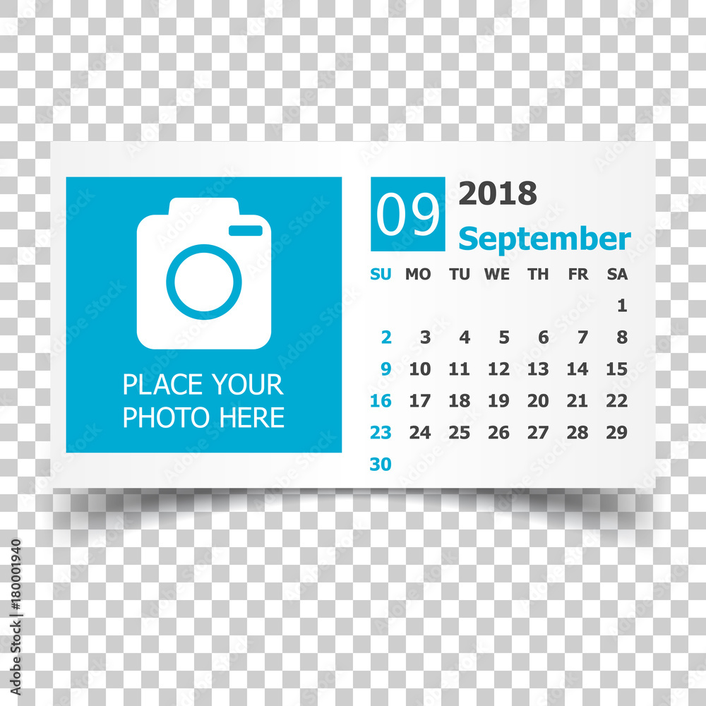 Fototapeta premium September 2018 calendar. Calendar planner design template with place for photo. Week starts on sunday. Business vector illustration.