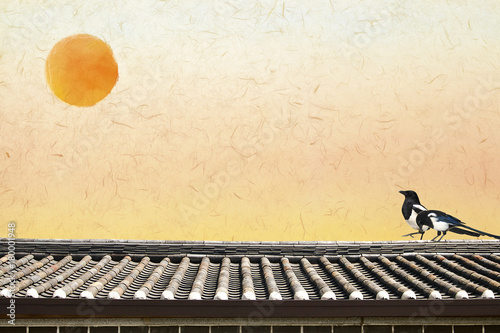 Korean Traditional Happy New Year Day with Magpie. photo