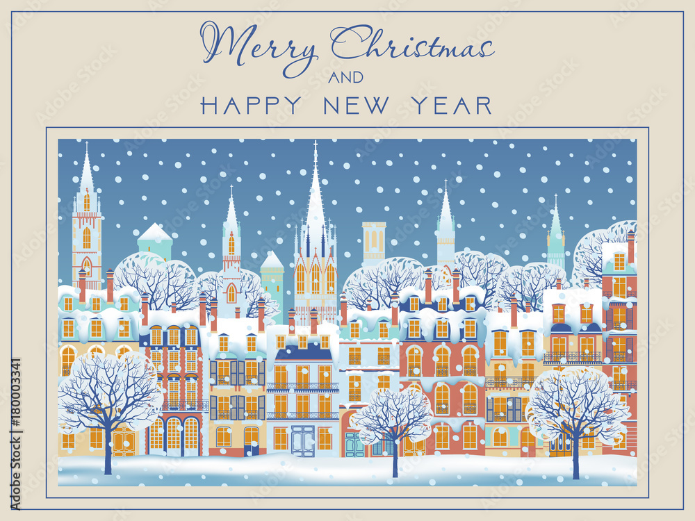 Winter city Christmas celebration card. Handmade drawing vector illustration. Vintage style.