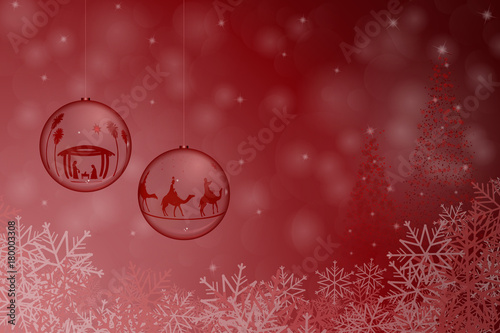 Christmas time. Christmas bowls with Nativity scene and three kings in Christmas landscape.
