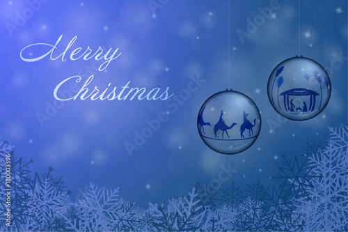 Christmas time. Christmas bowls with Nativity scene and three kings in Christmas landscape.