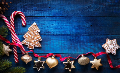 Christmas holidays ornament flat lay; Christmas card background