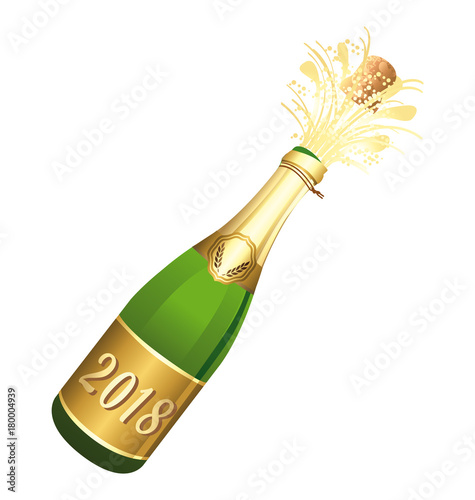 2018 Opened Champaign bottle vector illustration. Congratulations or happy new year.