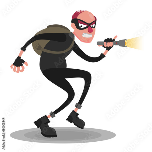 A balding thief in a mask with a flashlight on a white background