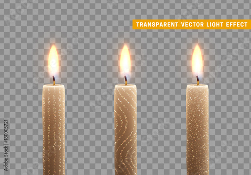 Candles burn with fire. Set of paraffin candles realistic isolated on transparent background. Element for design decor, vector illustration