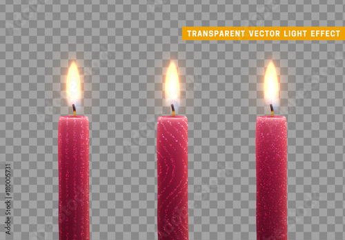 Candles burn with fire. Set of paraffin candles realistic isolated on transparent background. Element for design decor, vector illustration