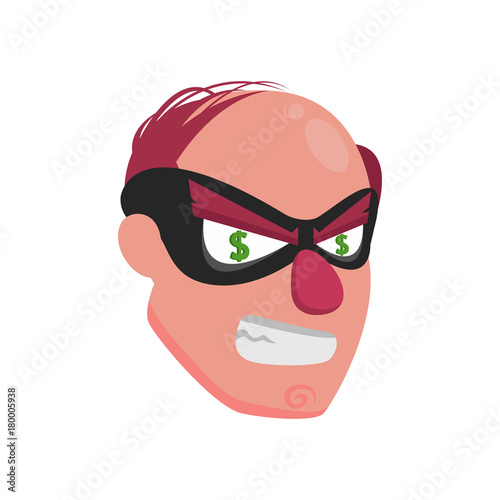 Picture of a balding thief wearing a mask with dollar badges in his eyes