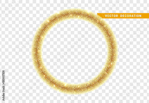 Christmas traditional decorations, golden lush tinsel. Xmas circle wreath garland, isolated realistic decor element