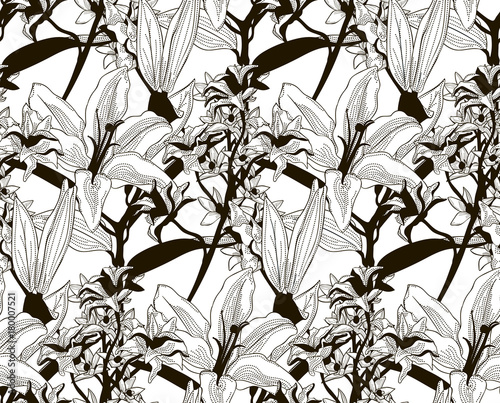 Vector Black Seamless Pattern with Drawn Flowers © Olya Creative Art