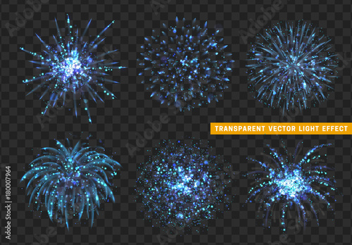 Set of Firework blue isolated. Xmas decoration. Holiday design element. Bright realistic firework with transparent background effect.