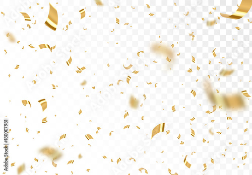 Falling shiny golden confetti isolated on transparent background. Bright festive tinsel of gold color. photo