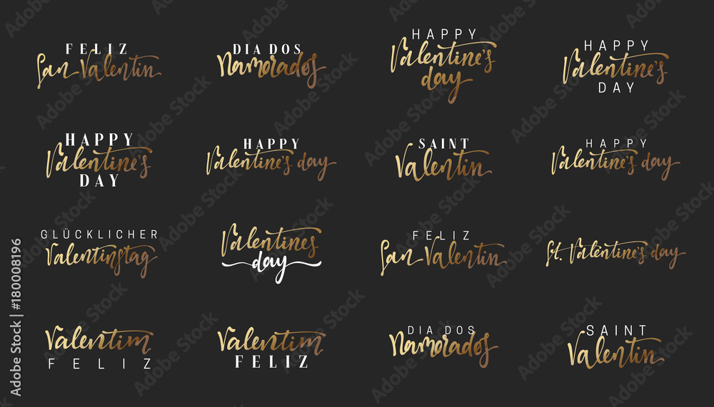 Collection text of gold lettering for Valentines Day. Inscription in different languages, French, Spanish, German and Portuguese. Emblems design golden and white. Usable for banners, greeting cards
