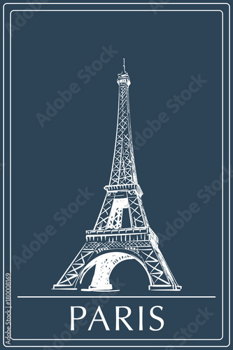 Fototapeta Naklejka Na Ścianę i Meble -  Eiffel Tower drawn in a simple sketch style. Isolated contour on dark blue background. EPS8 vector illustration