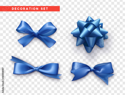 Bows blue realistic design. Isolated gift bows with ribbons.