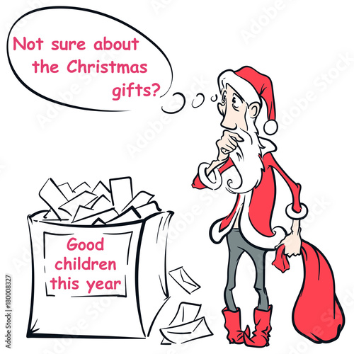 Christmas greeting card with clumsy skinny Santa Claus confused about choosing gifts for good children. EPS8 vector illustration.
