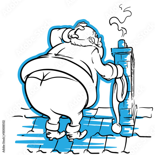 Fat Santa is confused about getting into the narrow chimney. EPS8 vector illustration.