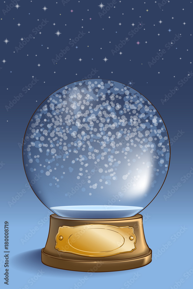 Fototapeta premium An empty glass snow globe on a wooden base with shiny bronze plate. An editable template for your christmas design. EPS10 vector illustration. 