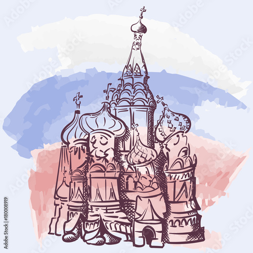 Comic drawing of famous Russian church St. Basil's cathedral located on the Red Square in Moscow. EPS8 vector illustration.