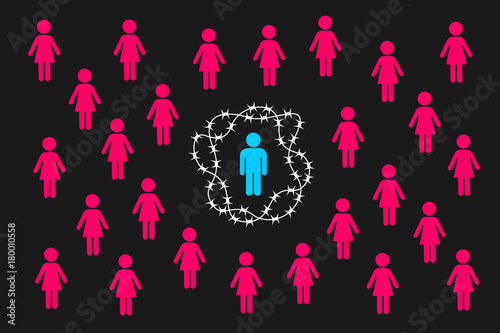 Man is closed behind barrier - inability to approach women. Male isolation leading to abstinence of contact, celibacy and zero interaction with females. Vector illustration