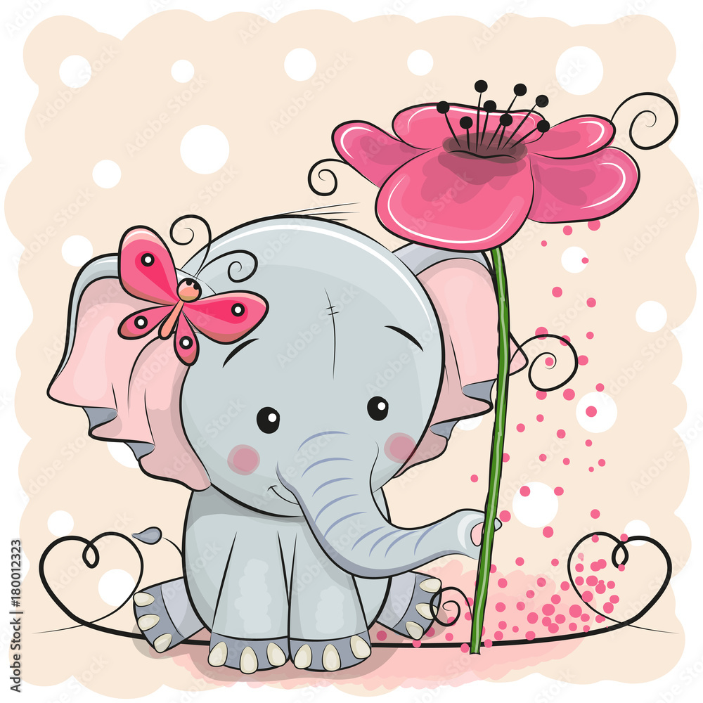 Fototapeta premium Kartka z pozdrowieniami Słoń z kwiatem