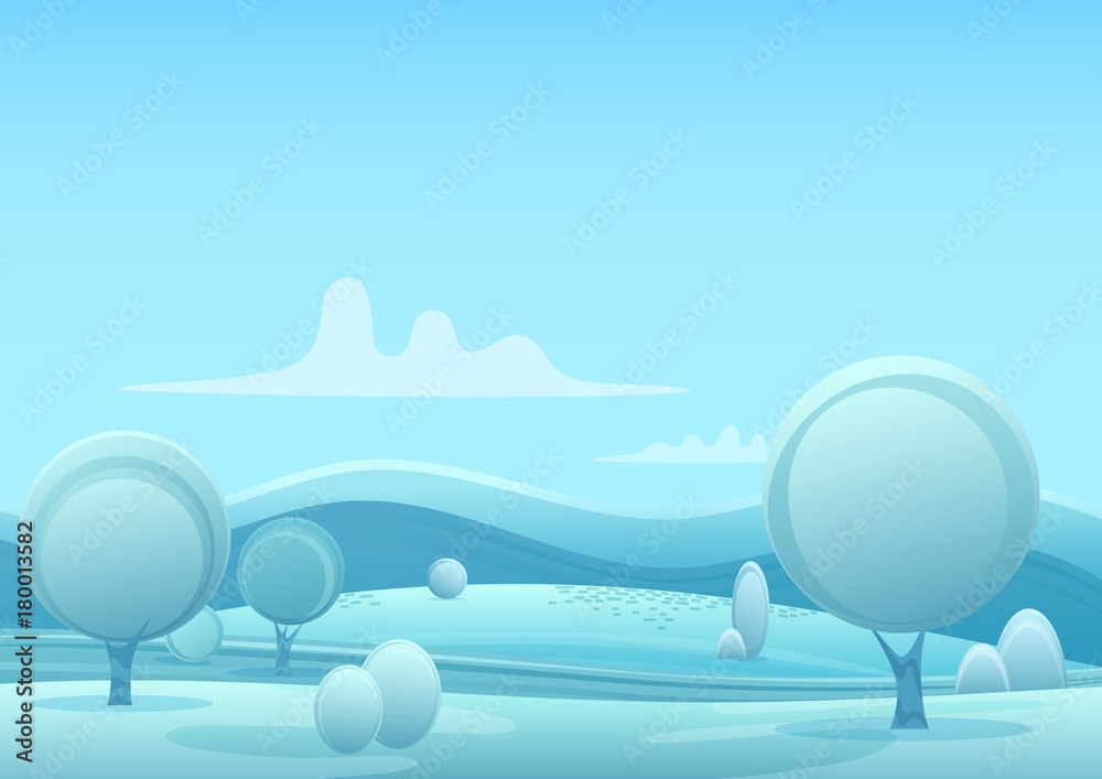 Φωτογραφία Vector Cartoon snowy winter game style landscape with trees and snow mountains hills