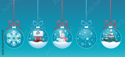 Merry christmas glass ball with toys inside set. Vector illustration