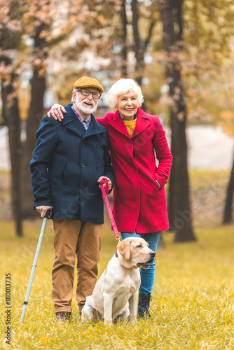 happy senior couple with dog