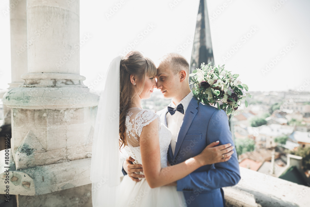 © olegparylyak - Kissing wedding couple staying over beautiful landscape