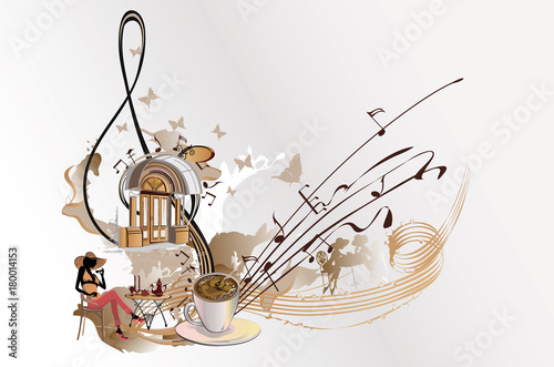 Abstract cafe treble clef. Musical background with a coffee cup.