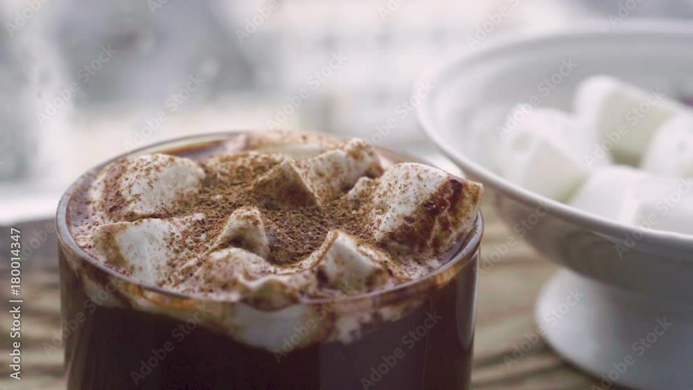 Ceramic bowl with marshmallow, glass cup with cocoa and with marshmallow on the window background Ceramic bowl with marshmallow, glass cup with cocoa and with marshmallow on the window background