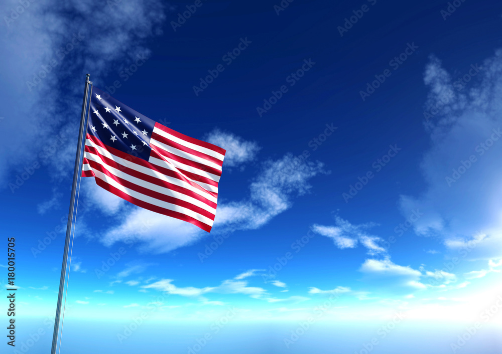 Obraz premium Flag of the United States of America under blue sky, 3D rendering