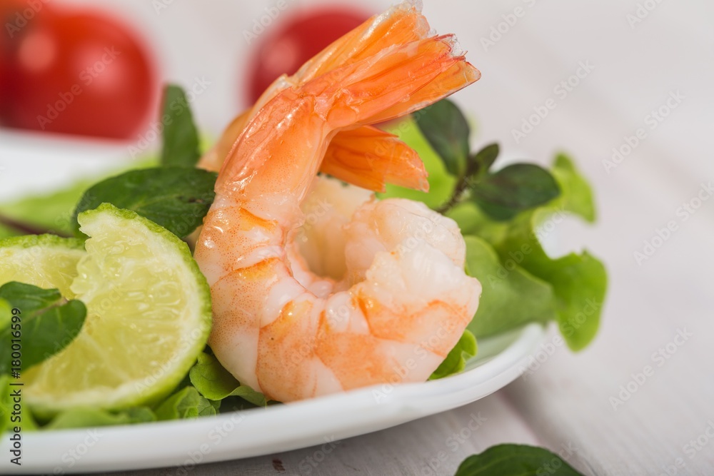 Prawn salad. Healthy Shrimp Salad with mixed greens and tomatoes Prawn salad. Healthy Shrimp Salad with mixed greens and tomatoes