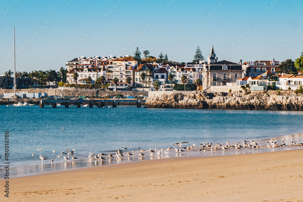 Cascais Panorama with the beach and promenade in Cascais, Portugal