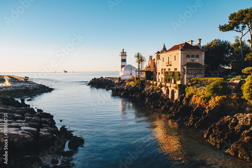 Cascais lighthouse and Santa Marta Museum in Cascais town  Lisbon  Portugal at sunrise