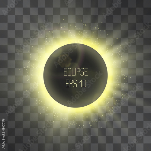 Eclipse miracle glowing vector golden spotlight effect, star floodlight, projector rays with sun shining warm halo. Phenomenon design details on transparent background. Light energy crown.