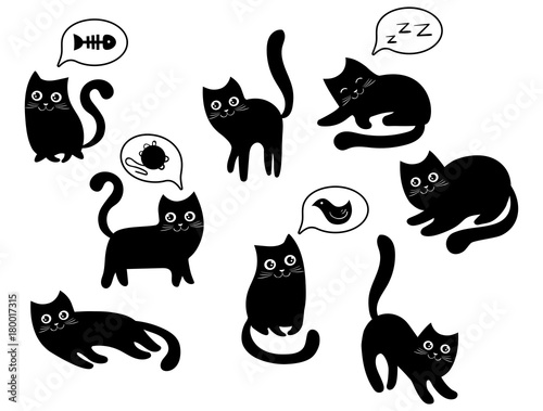 Fototapeta Zestaw czarnych kotów. Kolekcja kotów kreskówek na Halloween. Urocza gra w czarne kocięta. Wektorowa ilustracja zwierząt domowych zwierzęta domowe. Logo kota