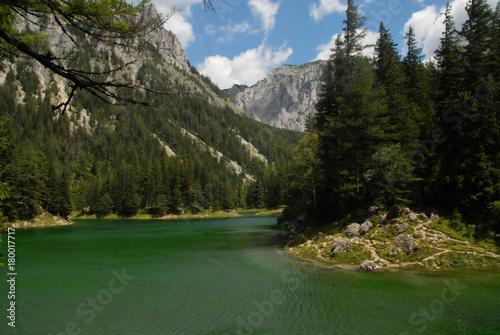 View of Green lake in the alps, Tragöß, Austria, in front of mountain
