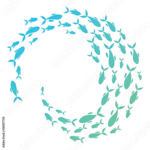 Colored silhouettes school of fish. A group of silhouette fish swim in a circle. Marine life. Vector illustration. Logo fishes.