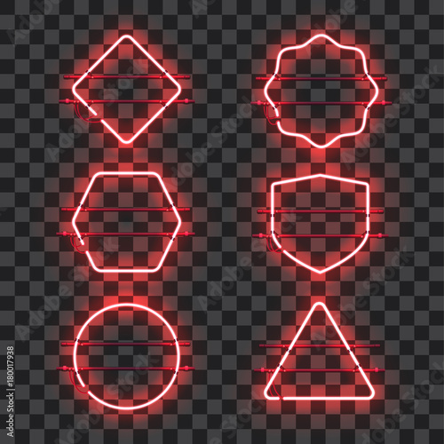 Set of realistic glowing red neon frames isolated on transparent background. Shining and glowing neon effect. Every frame is separate unit with wires, tubes and holders. Vector illustration.