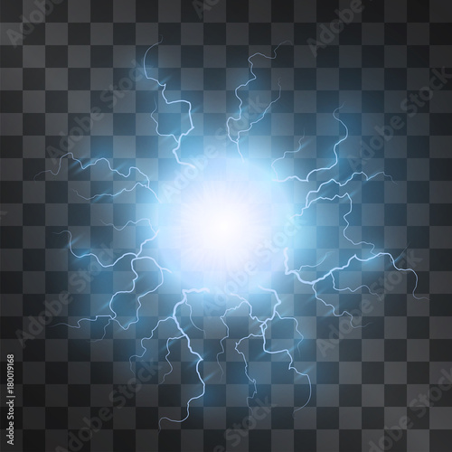 Plasma light effect vector. Energy charge, static electricity lightning on transparent background. Fireball lightning, blue thunderbolt. Nervous system, neuronal cell.